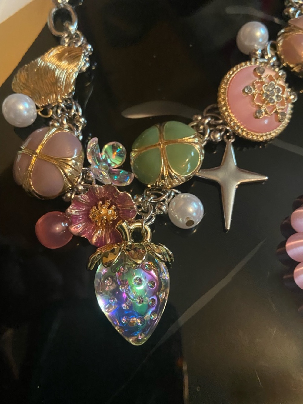 Pink Multi-Charm Women's Necklace and Cats Eye Bracelet Set - Picture 8 of 11